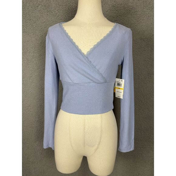 Sugar Moon Women's Juniors' Rib-Knit Surplice Top Blue Size Medium NWT's - Picture 1 of 8